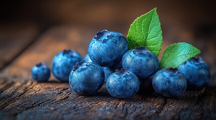 Fresh blueberries resting on a rustic wooden surface, showcasing their vibrant blue color and green leaves.