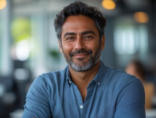 Obraz premium confident indian businessman smiling, gazing away with a sense of pride in a modern office setting, showcasing professionalism and success against a bright and inspiring backdrop