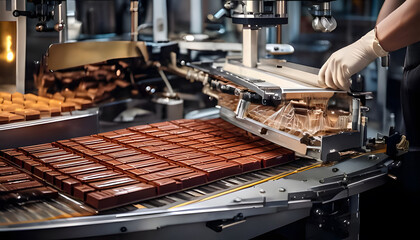 Automated machine creating gourmet chocolates with precision in a high-tech kitchen, chocolate innovation, food automation