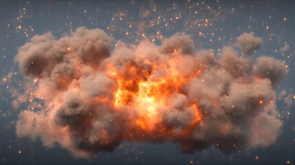 A dramatic explosion cloud with fiery elements and smoke, creating a vivid visual impact.