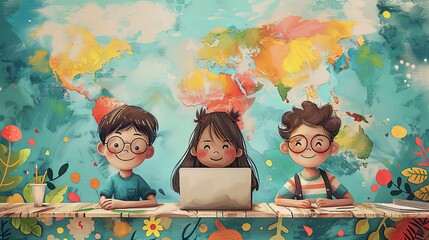 language learning banner background, learn foreign language online, speak fluently in international languages. poster, booklet, brochure, flyer, ad for children kids teen teenager school lesson class