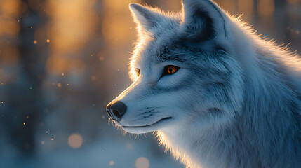 Obraz premium White Wolf Portrait in Snowy Sunset - 3D Render