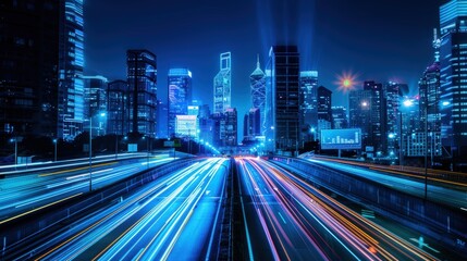Fototapeta premium Night Cityscape with Light Trails and Modern Architecture