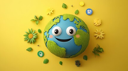Smiling Earth with playful eyes on a yellow backdrop, celebrating World Environment Day with eco-friendly symbols surrounding the design