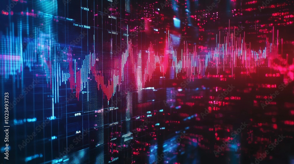Fototapete On a digital screen, a double exposure shows both an economic recession with falling red graph lines and an economic boom with rising green graph lines.