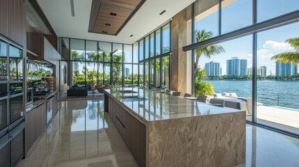 Spacious coastal kitchen with a sleek marble island, overlooking the water through expansive glass windows.