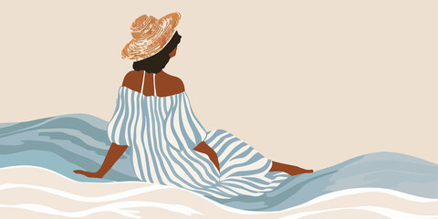 A woman in a blue and white striped dress sitting on ocean waves. Stylish flat design illustration of a relaxed summer scene, with the woman wearing a hat, surrounded by sea water and sunlight.