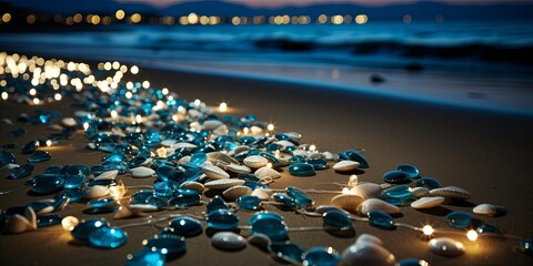 Obraz premium A String of Lights Illuminates Seashells and Glass Stones Scattered on the Sandy Beach at Night