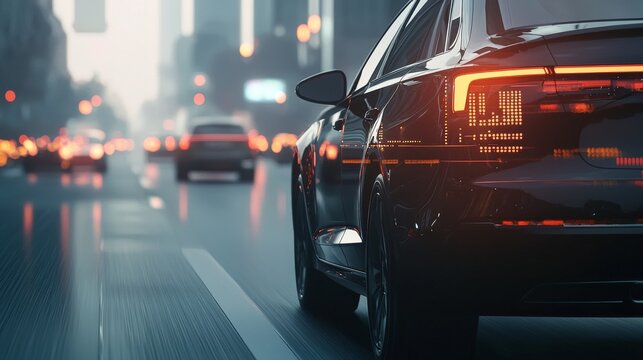 Side view of an autonomous vehicle interacting with traffic, using adaptive cruise control to navigate smoothly through busy lanes, enhanced with digital overlays showing system analytics.