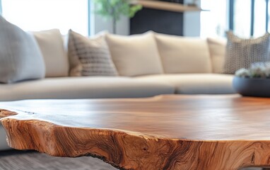 Live edge coffee table close-up, showing the natural wood grain and unfinished edges. 