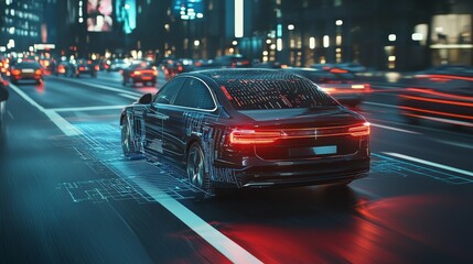 Fototapeta premium Side view of an autonomous vehicle interacting with traffic, using adaptive cruise control to navigate smoothly through busy lanes, enhanced with digital overlays showing system analytics.
