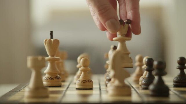 Hand moving queen chess piece in game