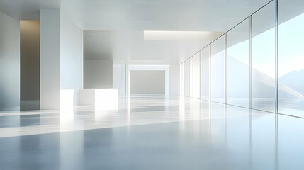 Fototapeta premium Modern White Interior Design with Glass Walls and Mountain View 3D Illustration