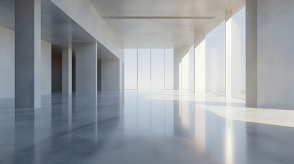 Modern Minimalist Interior 3D Rendering: White Walls, Glass Windows, and Glossy Floor
