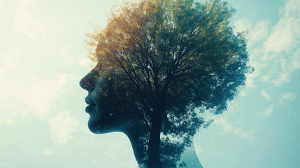 A tree growing inside a person�s mind, with branches representing thoughts and emotional balance, with copy space, World Mental Health Day