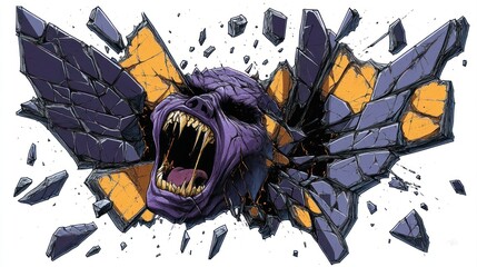A monstrous purple face bursts through a wall, showcasing fierce teeth and an expressive roar.