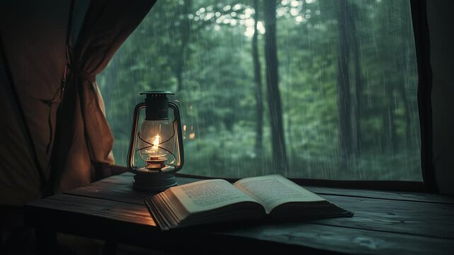 Relax in a cozy tent in a rain forest. Animated Lofi Background