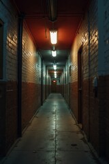 Long, dimly lit corridor in urban building with red and white brick walls at night