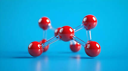 Obraz premium 3D Render of Red Spheres Connected by Transparent Rods on Blue Background - 3D Illustration