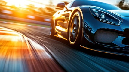 Black Sports Car Speeding on a Race Track at Sunset
