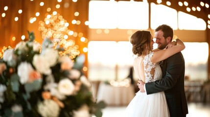 Romantic couple dancing at a wedding with lights and floral decorations.