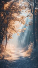 Naklejka premium Dreamy Forest Path with Sunlight Rays and Soft Mist
