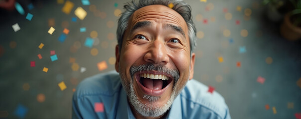 Japanese man celebrating joyful retirement day with confetti and laughter among friends in festive indoor setting, top down shot