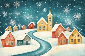 Beautiful Christmas village with cute houses in the snow, a road leading to the church, stars in the sky and Christmas tree,  for social media holiday wishes