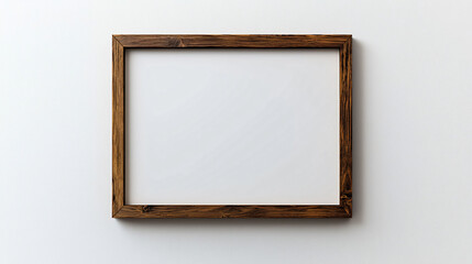 Empty wooden frame mockup hanging on white wall, perfect for showcasing artwork or photographs. This minimalist design adds touch of elegance to any space