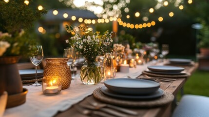 Romantic Outdoor Dinner Table Setting with Candles and Flowers