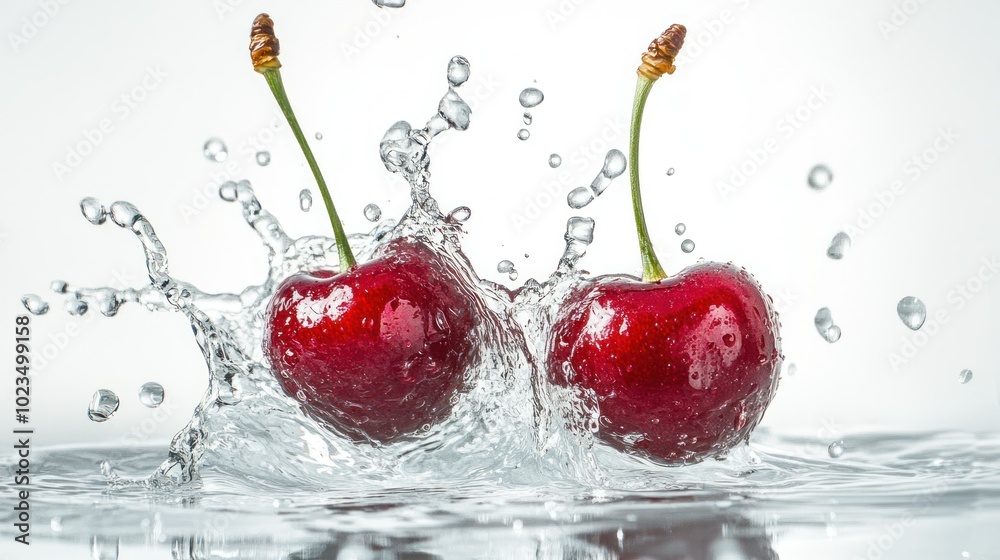 Poster two cherries splashing into water with a white background