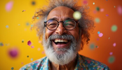 White bearded man celebrating joyful retirement day with smiles and confetti in vibrant atmosphere