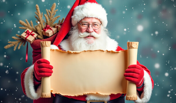 Santa Claus with a bag of gifts on his back, holding an empty unfolded parchment scroll in his hands.