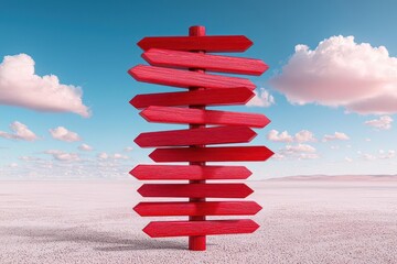 Red directional signpost against a blue sky with fluffy clouds, symbolizing choices and directions.