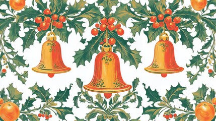 Three red and gold bells hanging from holly branches, a classic Christmas pattern.