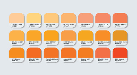 Orange fruit Color Palette, Orange fruit Color Guide Palette with Color Names. Catalog Samples of papaya with RGB HEX codes. paint, natural oranges variations, and a Fashion Trend Orange fruit color