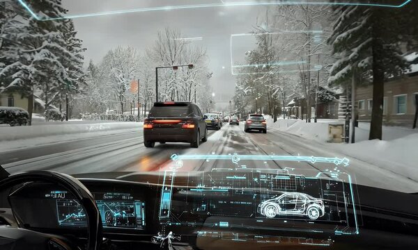 A futuristic car interior displays navigation and vehicle data while driving through a snowy street.