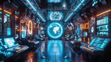Futuristic Sci-Fi Control Room with Neon Highlights
