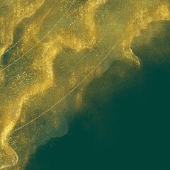 秋冬用ダーク抽象正方形バナー）緑背景に金色のオーロラ風の質感のアルコールインクアートの波