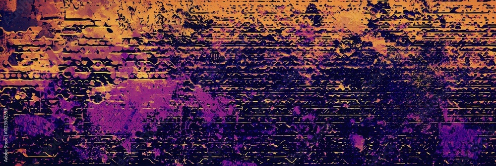 Poster A vibrant blend of purple and orange hues forms an abstract background filled with complex patterns, showcasing rich textures that evoke a sense of digital artistry and creativity