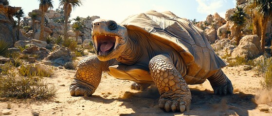 A giant tortoise with its mouth open in a desert landscape.