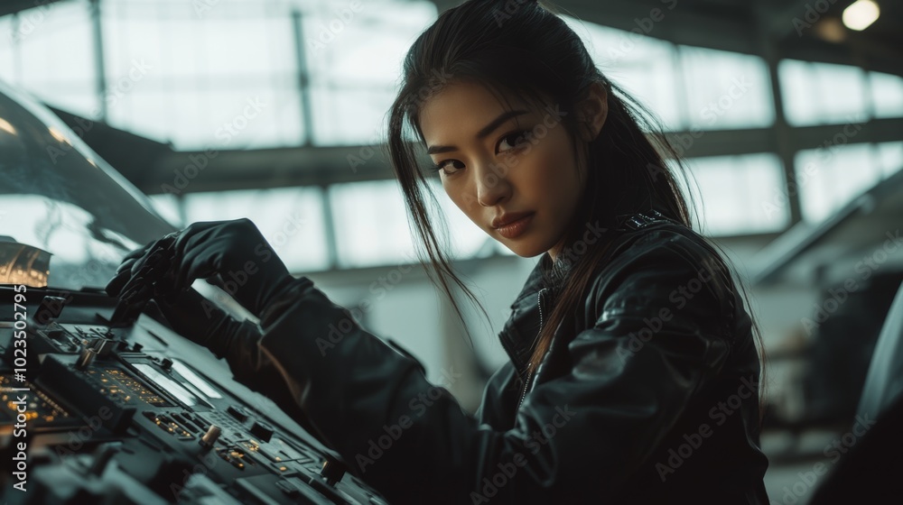 Wall mural asian female technician in control room setting