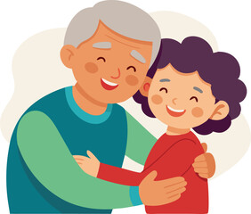 A vector illustration of a grandfather hugging his grandchild, symbolizing family, love, and generational bonding.