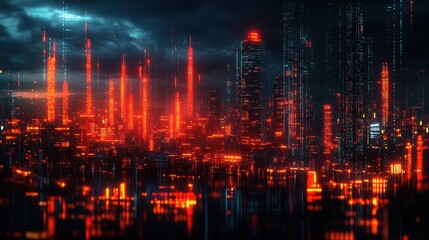 A futuristic cityscape illuminated by glowing red lights and digital elements against a moody night sky.