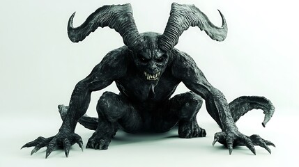 Obraz premium A dark, horned creature crouches menacingly, showcasing a blend of humanoid and monstrous features.