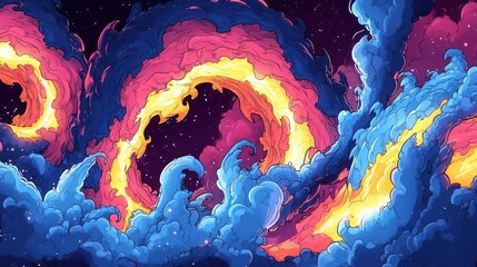 A vibrant cosmic scene featuring swirling clouds in shades of pink, blue, and yellow.
