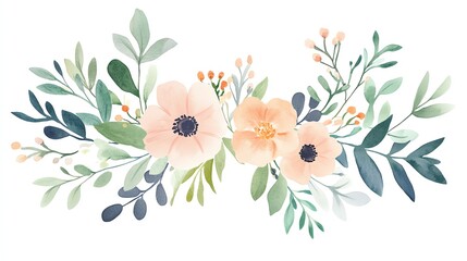 A beautiful watercolor floral arrangement featuring soft blooms and lush green leaves, perfect for wedding invitations or decor.