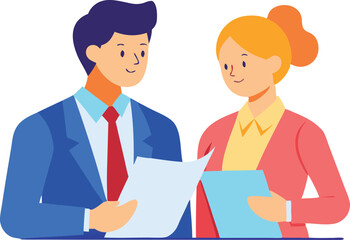 Fototapeta premium A vector illustration of a man and woman discussing documents, symbolizing teamwork, communication, and professional collaboration.