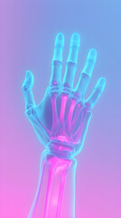 A hand with a skeleton bone in it is shown in a blue and pink color