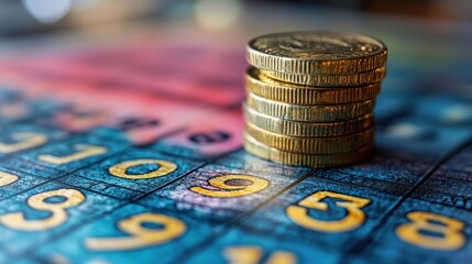 A close-up of colorful bingo cards with vibrant numbers and a stack of gold coins, hinting at a game of chance and potential winnings.